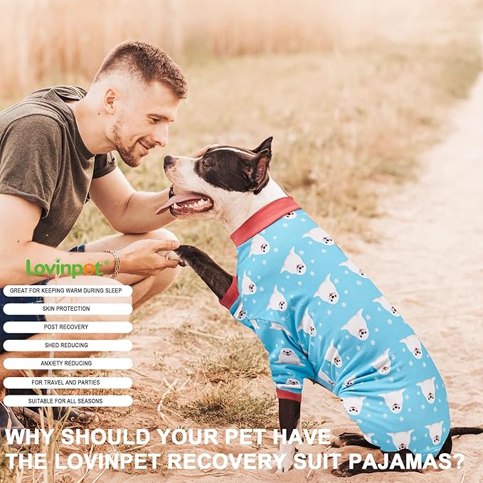 LovinPet Large Big Dog Pajamas - Anxiety Calming, Anti Licking Dog Onesie, Turquoise Sea Plants Print. Large Breed Dog Jammies, Pet PJ's for Travel & Home, Pet Pajamas for Dogs, Blue 2XL