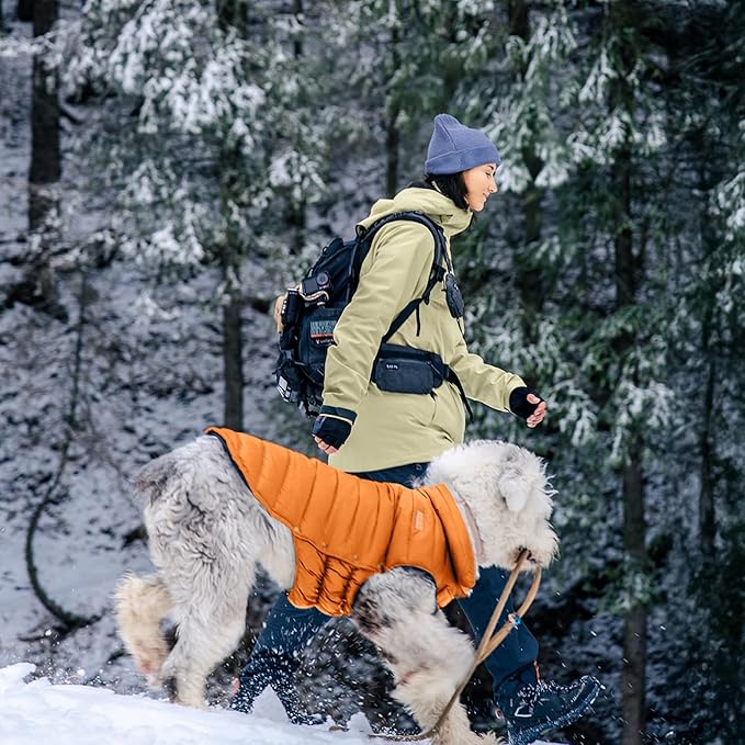 SPACE LION Dog Puffer Jacket, Down Winter Coat, Durable Outdoor Coat for Cold and Windy Conditions, Lightweight & Adjustable Fit Coats for Medium & Large Dogs, (Orange, Size 16 Gift Box)