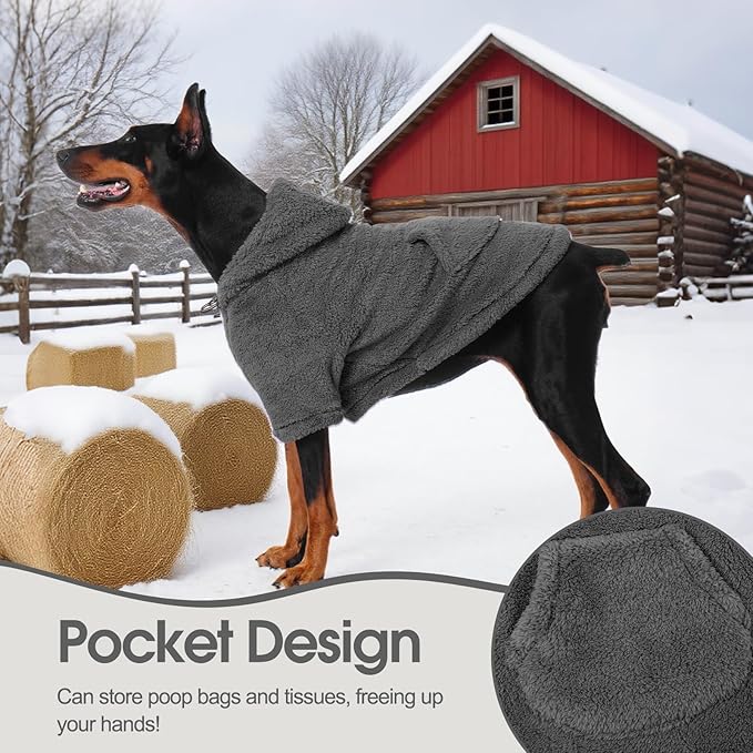 IDOMIK Fuzzy Dog Sweater with Adjustable Hood, Warm Fleece Dog Sweater Hoodie with Harness Hole & Pocket, Pullover Sweaters for Large Dogs, Fuzzy Hooded Sweatshirt for Fall Winter Christmas,Grey,2XL