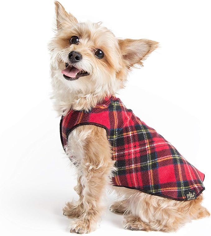Goldpaw Stretchy Fleece Jacket for Small Dogs - Super Soft, Warm Dog Sweater - Pet Sweater Vest for Fall and Winter - Canine Clothes Made in The USA - Machine Washable - Red Classic Plaid - Size 22