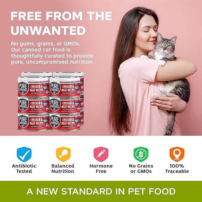 Pure Cravings Chicken and Beef Recipe in Broth, Shredded Wet Cat Food, Grain-Free Protein, Non-GMO, 12 Pack