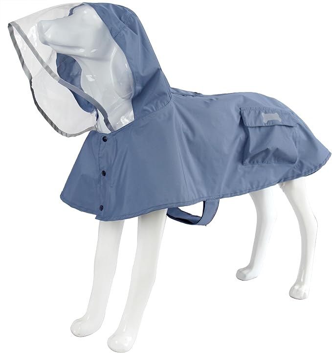 Waterproof Dog Raincoat, Adjustable Reflective Lightweight Pet Rain Clothes with Poncho Hood(XX-Large, Blue&Grey)