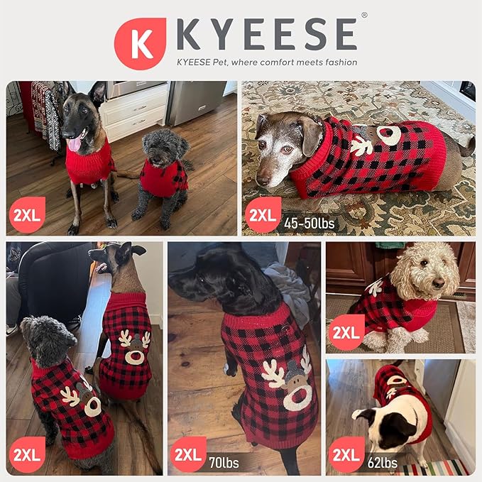 KYEESE Dog Christmas Sweater with Reindeer Pattern, Cozy Holiday Outfit, Red Buffalo Plaid Knitwear, Turtleneck Dog Sweater for Medium Dogs with Leash Hole, Soft Warm Pet Clothes, XX-Large