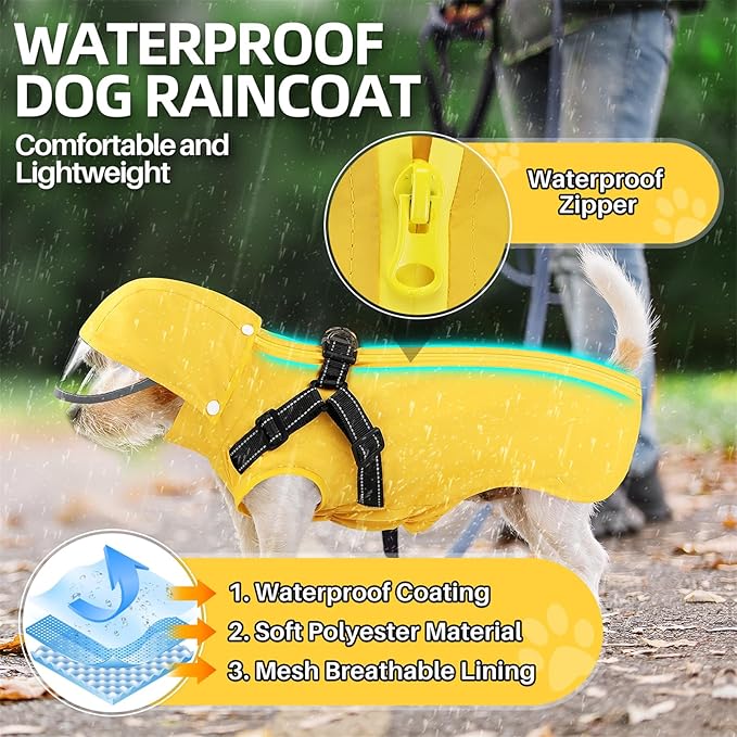 SlowTon Dog Raincoat Waterproof - Dog Rain Jacket with Harness and Hood Lightweight, Reflective Dogs Rain Coat for Large Medium Small Dogs Girl Boy Puppy Poncho Pet Clothes (Yellow, XS)