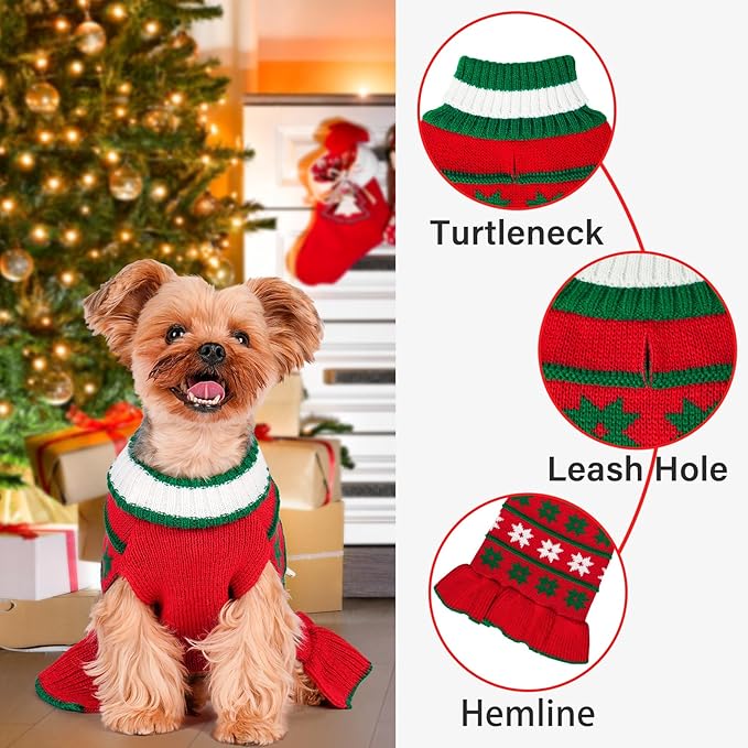KYEESE Dog Christmas Sweater Warm Dog Sweater for Small Dogs with Leash Hole Cute Dogs Clothes Pet Coats Pet Sweaters Dress for Girl with Snowflake, Girl Red, Medium