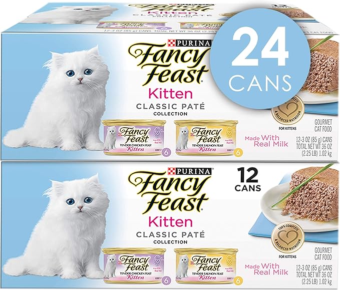 Purina Fancy Feast Grain Free Pate Wet Kitten Food Variety Pack, Kitten Classic Pate Collection Chicken & Salmon - (2 Packs of 12) 3 oz. Cans