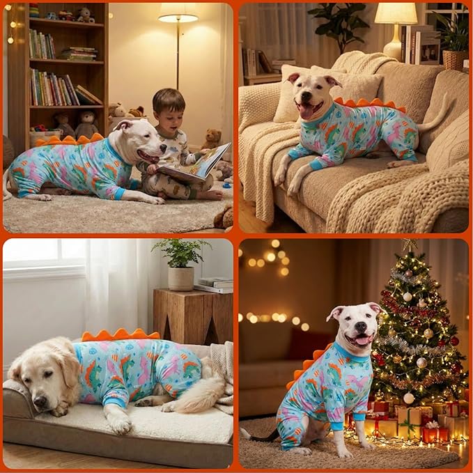 LovinPet Large Dog Pajamas, Four-Leg Stretch Onesie Bodysuit, Lightweight UV-Shielding Pajamas, Anti-Lick Calming Recovery Suit for Surgery, Pull-On for Medium and Large Breeds,Green Orange,XL