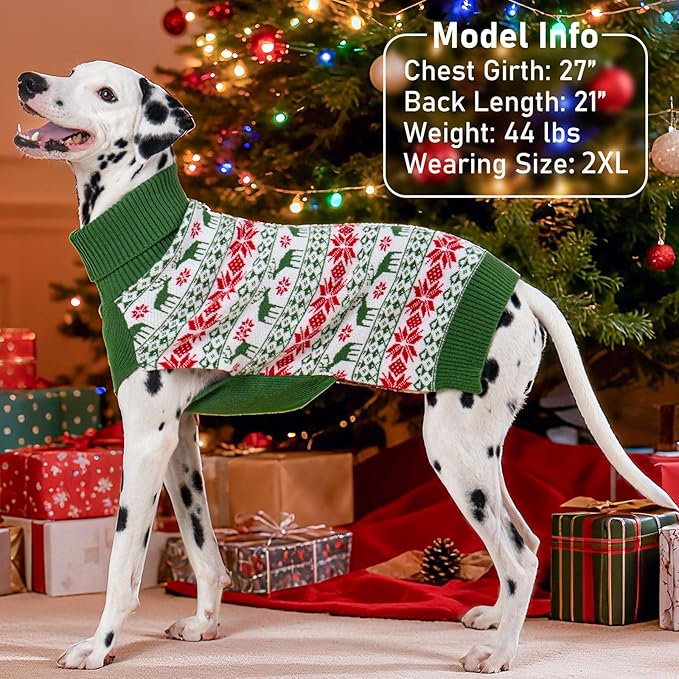 KYEESE Dog Christmas Sweater, Cozy Turtleneck Dog Sweater for Small Dogs Boy Girl with Snowflake & Reindeer Pattern, Soft Knit Winter Outfit with Leash Hole, Warm Pet Clothes, Large