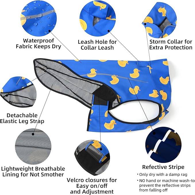 Mile High Life Dog Raincoat, Adjustable Waterproof Reflective Rain Jacket for Small Medium Large Dogs, Lightweight Breathable Pet Rain Coat with Leash Hole(Blue Duck,S Chest 22-25")