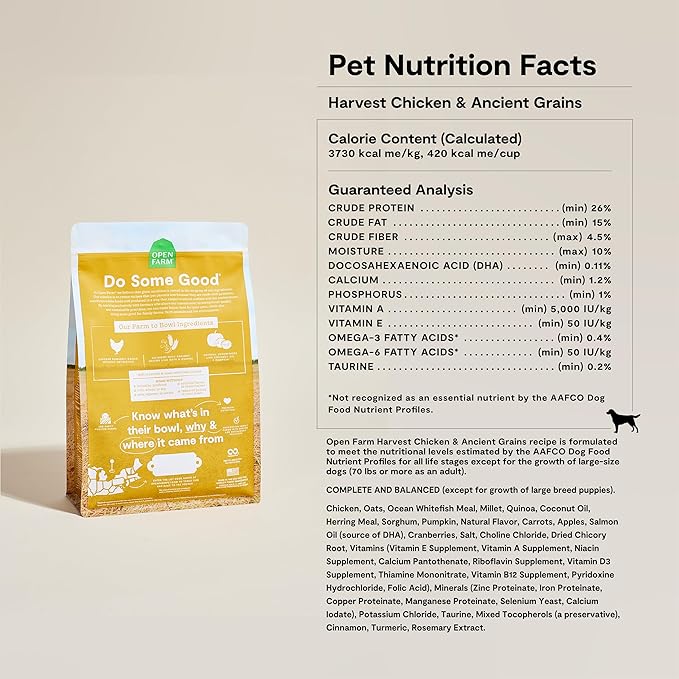 Open Farm, Ancient Grains Dry Dog Food, Protein-Rich & Nutrient Dense, 90% Animal Protein Mixed with Non-GMO Fruits, Veggies and Superfoods, Harvest Chicken Recipe, 4lb Bag