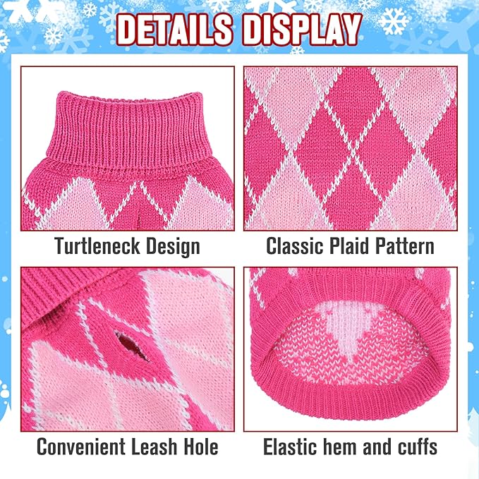 KOOLTAIL Small Dog Sweater, Knit Turtleneck Cold Weather Dog Sweaters for Medium Large Dogs, Soft Diamond Plaid Pullover Knitwear Pet Winter Warm Clothes,Pet Coat Puppy Sweater for Girls Boys,Pink M