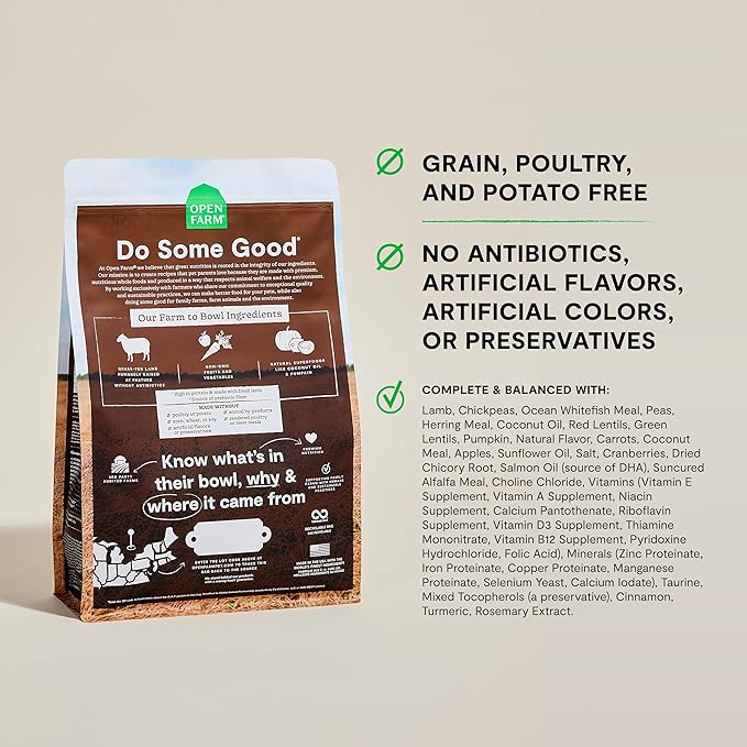 Open Farm, Grain-Free Dry Dog Food, Complete & Balanced Kibble, Sustainably & Ethically Sourced Ingredients, Non-GMO Veggies & Superfoods Support Overall Health, Pasture Raised Lamb Recipe, 4lb Bag