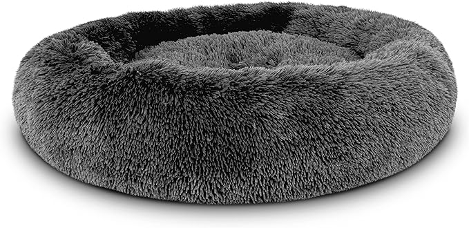 The Dog’s Bed Sound Sleep Donut Dog Bed, Medium Dark Grey Fur Calming Nest Bed, Veterinary Approved