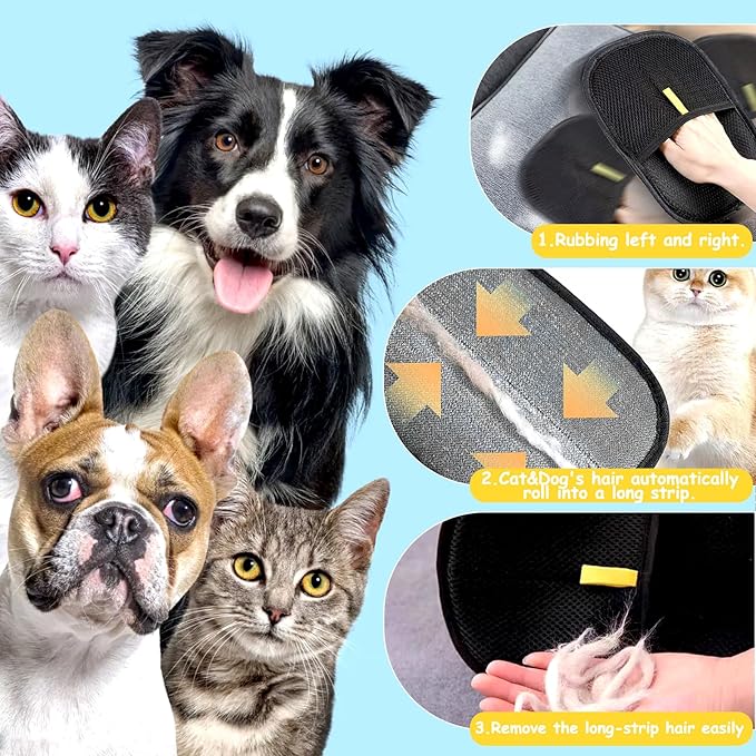 3 Pcs Pet Hair Removal Glove,Electrostatic Gloves Pet Hair,the Magic Brush Pet Hair Remover,Reusable,Washable Electrostatic Gloves Pet Hair for Couch,Furniture,Carpet,Car Seat