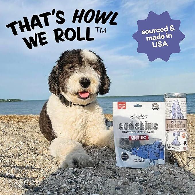Polkadog Cod Skins for Dogs (12oz Shortie) - Single Ingredient, Wild-Caught Fish Skin Dog Treats for All Breeds – High in Lean Protein & Omega-3. Hypoallergenic, Grain Free. Handcrafted & Made in USA
