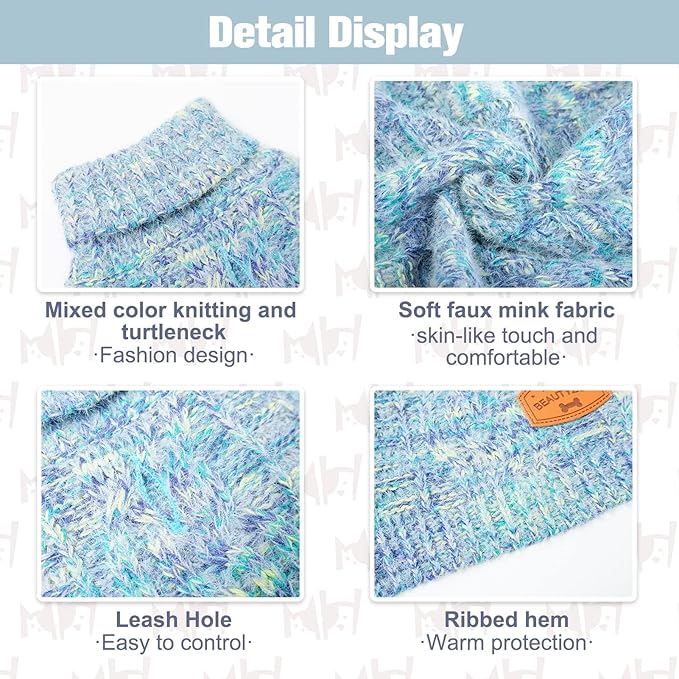 BEAUTYZOO Small Dog Sweater -Turtleneck Pullover Classic Cable Knit Fuzzy Winter Coat Dog Cold Weather Clothes for Small Medium Dogs Puppy Girl Boys(Gradient Cyan, XS)