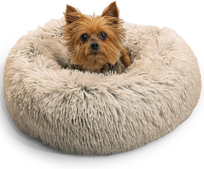 Best Friends by Sheri Original Calming Donut Dog and Cat Bed, Shag Faux Fur, Taupe, XS (18in x 18in) - Anxiety Relief for Pets Up to 10 lbs
