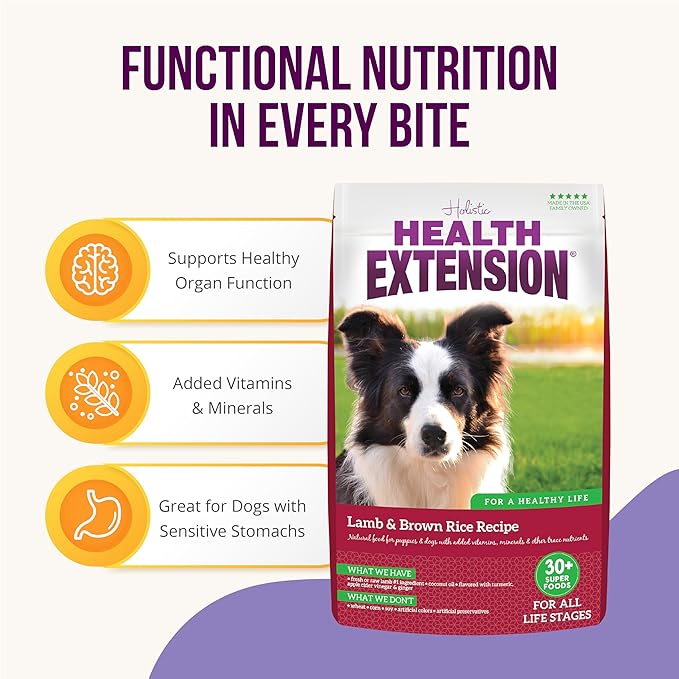 Health Extension Lamb & Brown Rice Dry Dog Food, Protein Packed Formula with Probiotics & Superfoods for Digestion & Coat Health (15lb)