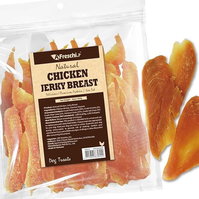 Afreschi Chicken Jerky Dog Treats, All Natural, High-Protein, Healthy & Easily Digestible, Grain-Free Puppy Chews, Human Grade Training & Rewards Dog Snacks, Chicken Breast, 16 oz Pack