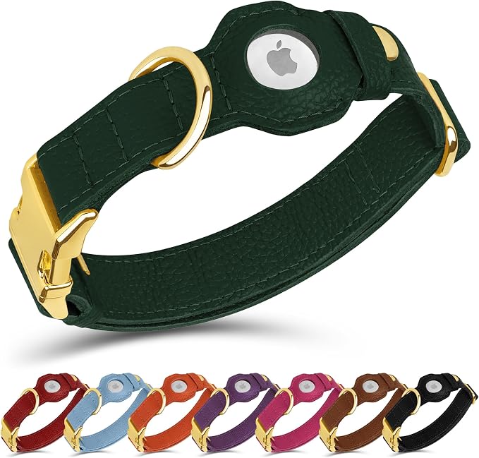 Leather Airtag Dog Collar - Soft Tracking Dog Collar with Apple AirTag Holder and Metal Buckle - Safety GPS Pet Collars for Small Medium Large Dogs Puppy Pink Red (Green, M, 14"-18" Neck Fit)