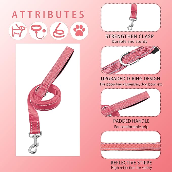 Reflective Dog Collar with Safety Locking Buckle, Adjustable Soft Breathable Nylon Collars for Small, Medium and Large Dogs(Collar+Leash M Pink)