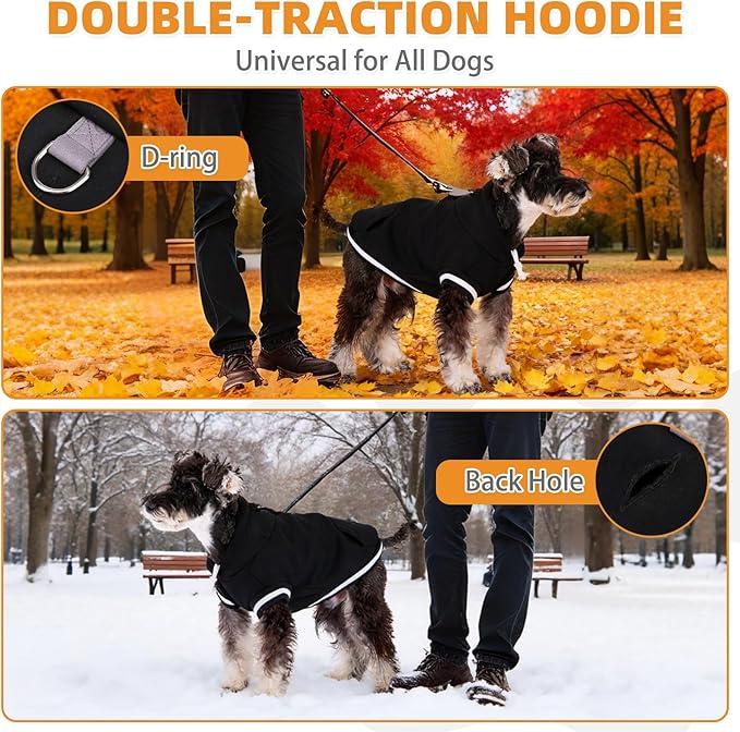KOOLTAIL Dog Hoodie with Leash Hole & D-Ring, Thick Fleece-lined Winter Fall Warm Dog Clothes Cold Weather Coats, Soft Pet Sweater Sweatshirt for Small Medium Large Sized Dogs Puppy Boys Girls,Black M