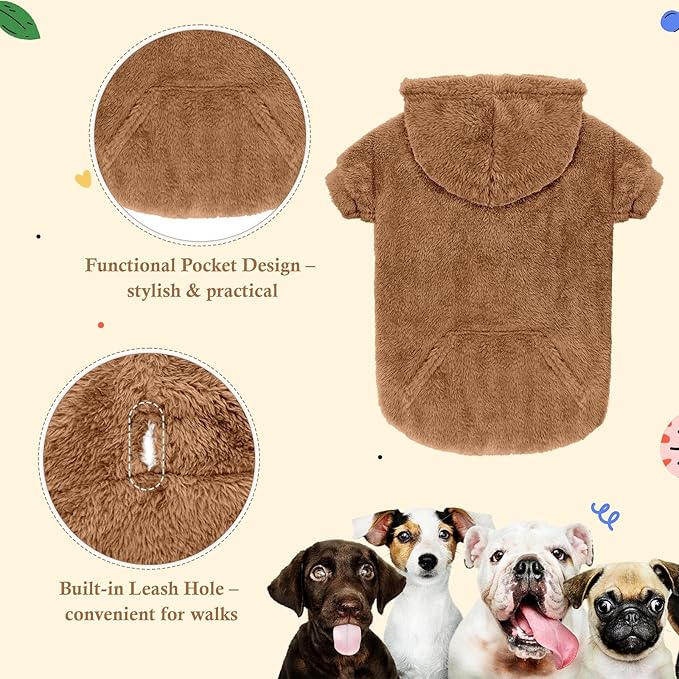 Dog Sweater,Dog Hoodies,Warm Fuzzy Fleece Sweatshirt with Hood & Pocket,Leash Hole,Cozy Cold Weather Pet Clothes Pet Sweater for Small,Medium,and Large Dogs(Coffee,L)