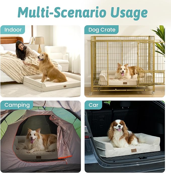 COZY KISS Orthopedic Large Dog Beds, Bolster Pet Couch with Waterproof Lining, Egg Crate Foam Sofa for Pets Up to 65 lbs, U-Shaped, 36x27x6.5 inch, Beige