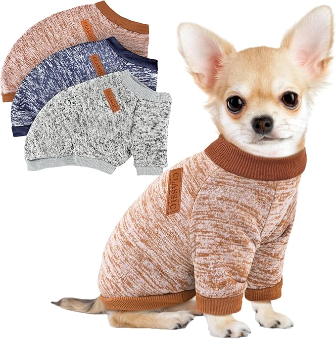 3 Pack Dog Sweaters for Small Dogs Girl Boy Winter Fleece Clothes Warm Soft Dog Sweatshirt Outfit for Dogs Cats Pet Apparel (Khaki, X-Small)