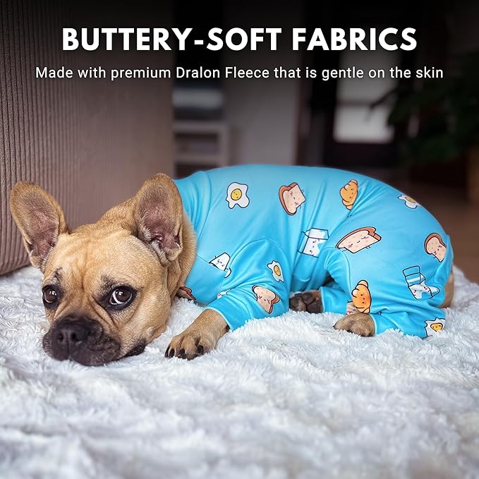 Spark Paws Dog Pajama, Dog Recovery Suit Male, Onesie, Ultra-Soft and 4-Way Stretch, for Small Medium and Large Breeds - Breakfast Blue - XL