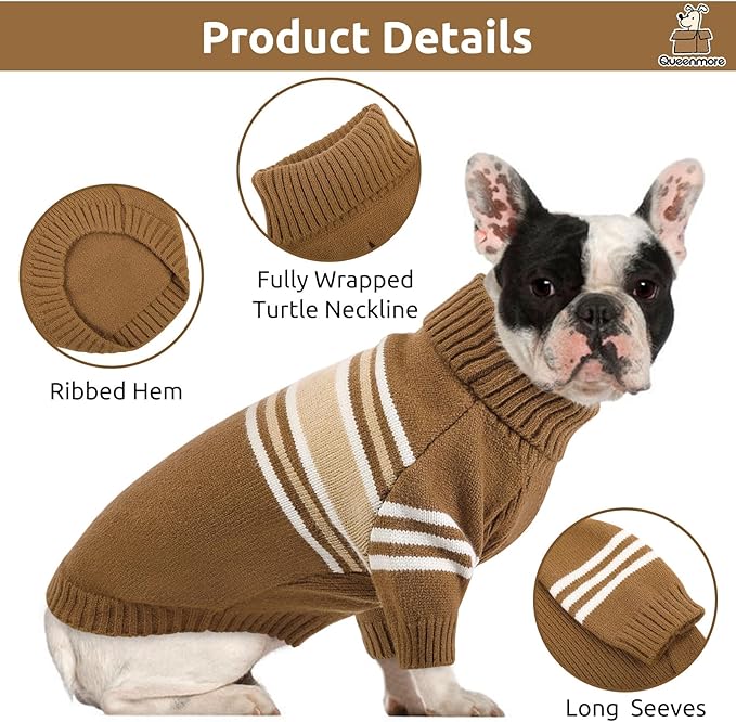 Queenmore Dog Striped Knitted Sweater, Turtleneck Pullover Pet Coat, Dog Winter Clothes with Leash Hole for Small Medium &Large Dogs(Brown,XL)