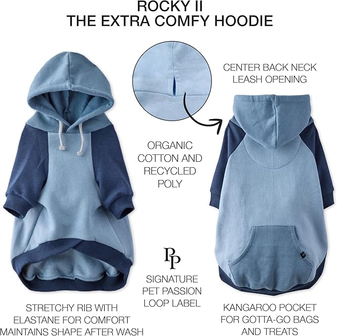 Rocky II - The Extra Comfy Hoodie, Organic Cotton and Recycled Poly Dog Hoodie Pet Coat Sweater for Small, Medium, Large Dogs, Navy Color Block, XXX-Small (up to 5lbs)