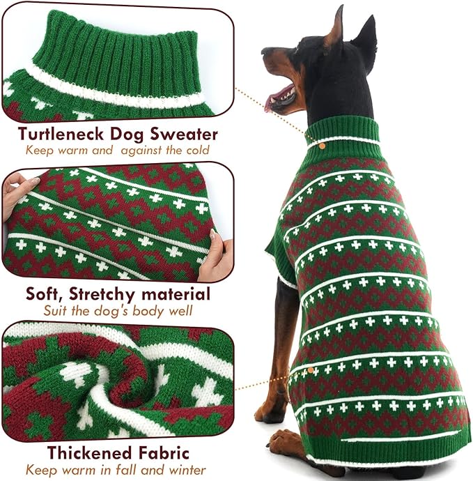 Dog Sweaters for Large Dogs, Soft Turtleneck Cable Knit Sweater with Sleeves, Stretchy Thermal Jumper for Dogs Pitbull Boxer Labrador Boy Girl, Warm Holiday Dog Clothes Christmas, Green XXL