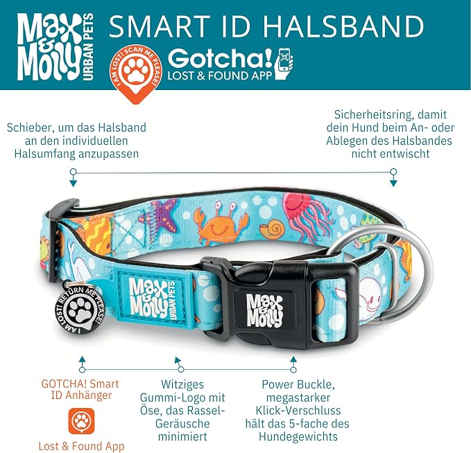 Max & Molly Smart ID Dog Collar with Gotcha! QR Safety Tag and Custom Pet Profile, Soft Padded Neoprene, Waterproof, Tropical, Medium (13-21")