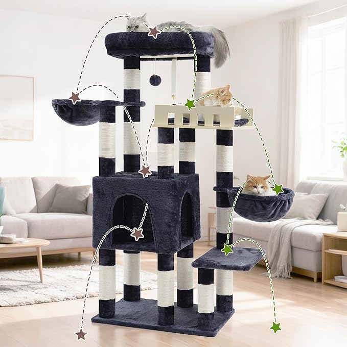 Gitelsnour Cat Tree for Indoor Cats Large Adult, Heavy Duty Cat Tree for Large Cats 20 lbs+, Cat Condo with Big Wooden Perch, Cat Tower with 14 Scratching Posts, Hammock, Smoky Gray GCT023G