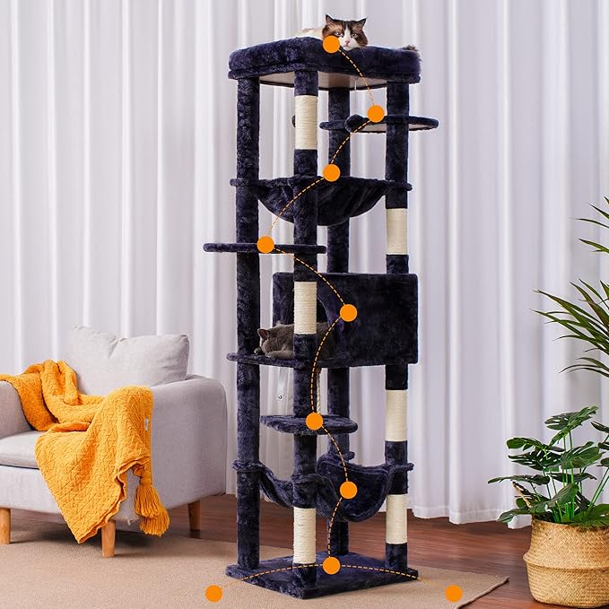 Heybly Cat Tree for Large Cats 20 lbs Heavy Duty,69 inches XXL Cat Tower for Indoor Cats,Multi-Level Furniture Condo with Big Padded Plush Perch,Cozy Basket HCT031G