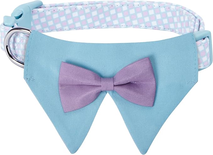 Blueberry Pet Sophisticated Pastel Blue Checker Adjustable Dog Bandana Collar with Bow Tie, Small, Neck 12"-16"