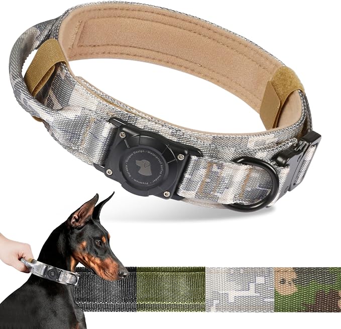 2026 Upgrade Waterproof Tactical AirTag Dog Collar, Built in AirTag Holder | Comfortable Control Handle, Quick Release Metal Buckle, Durable 1000D Nylon, For Medium to Large Dogs, Digital camo, L