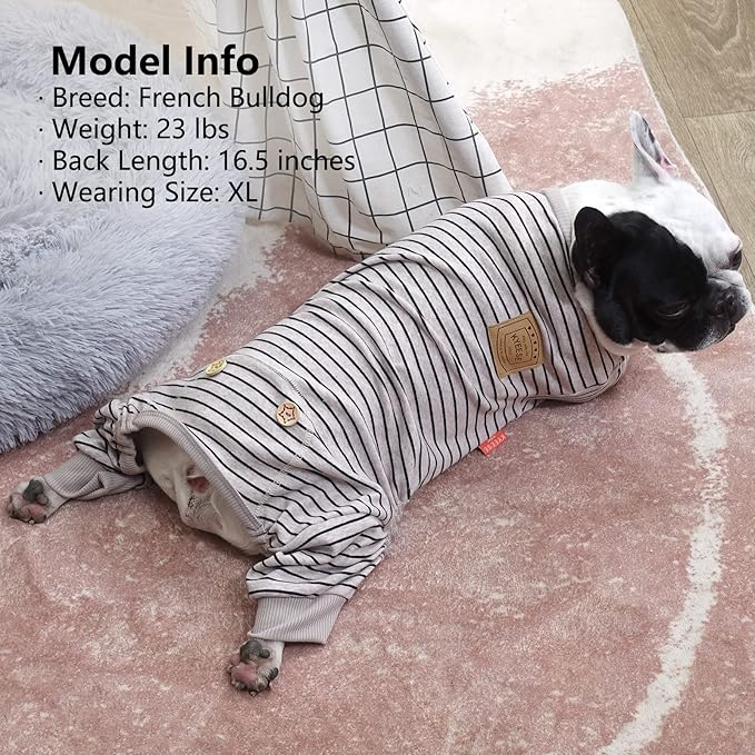 KYEESE Dog Pajamas, Striped Pet PJS Lightweight Doggie Jammies, 4 Legs Outfit Soft Dog Pajamas, Cozy Pet Clothes Onesie, Comfortable PJS for Large Dogs, Ivory Brown Striped, 3XL