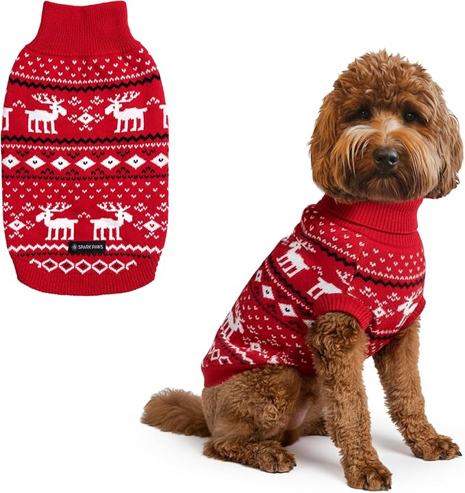 Spark Paws Christmas Dog Sweater – Ultra Soft Holiday Knit Sweater for Small, Medium & Large Dogs, Cute Pet Sweater for French Bulldogs & Big Dogs, Easy Potty V Cut Design Jacket - (Dasher Red,2XL)
