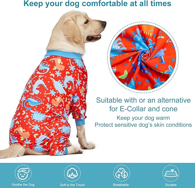 LovinPet Pitbull Dog Pajamas, Large Dog Onesies for Surgery Care, Lightweight Stretchy Knit Fabric, Dinosaur Jungle Red Print, Pet Clothes, UV Protection, Pet Anxiety Relief, PJ's for Dogs, 2XL