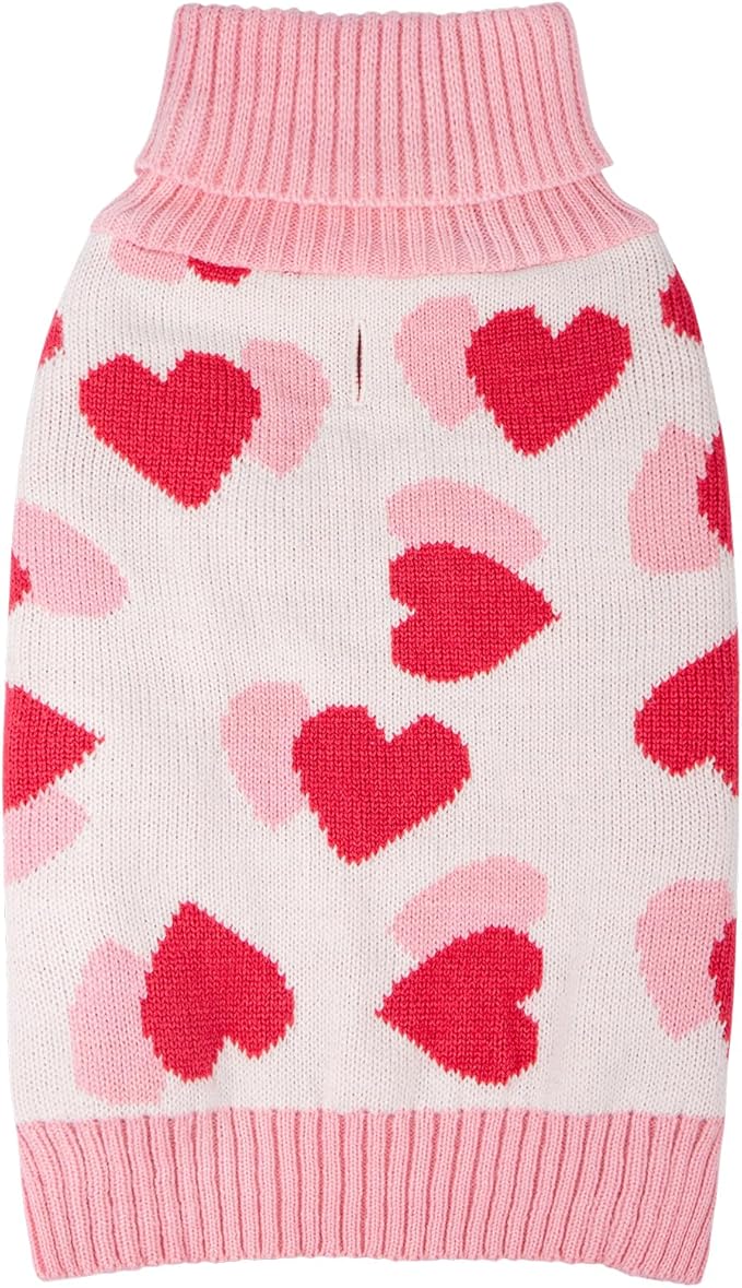 KYEESE Valentines Dog Sweater, Turtleneck Small Dog Sweater, Warm Pet Clothes with Heart Print, Stretchy Pullover Dogs Sweaters for Small Dogs, Comfy Pet Coat with Leash Hole, S