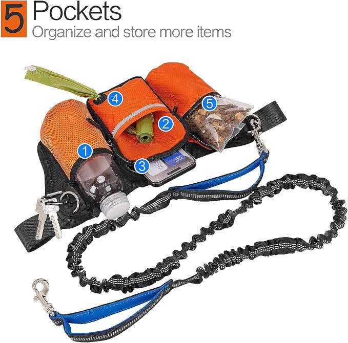 Hands Free Dog Leash Waist Pack with Bungee & Treat Pouch Oxford Water-Resistant Multi-Pocket Belt for Walking Hiking Jogging and Dog Walking (Grey)