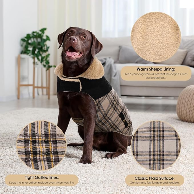 Winter Coat for Medium Dogs, Dog Plaid Jacket, Pets Coat for Cold Weather, Windproof Warm Garments, Pet Thickened Outfits Indoor Outdoor, Beige M