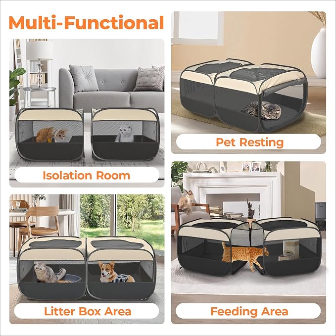 2-in-1 Pop Up Cat Playpen, Detachable into 2 Separate Pens with Additional Doors, Assembly-Free Portable Dog Crates Pet Pen Tent Kennel Kitten Puppy Enclosure Cage Indoor Outdoor Foldable Condo(M)