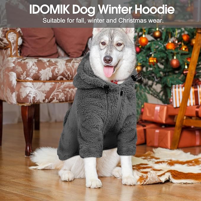 IDOMIK Fuzzy Dog Sweater with Adjustable Hood, Warm Fleece Dog Sweater Hoodie with Harness Hole & Pocket, Pullover Sweaters for Small Dogs, Fuzzy Hooded Sweatshirt for Fall Winter Christmas,Grey,XS