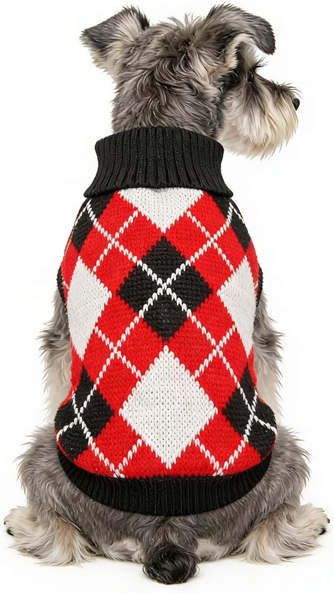 Small Dog Cold Weather Sweaters – Warm Knit Turtlenecks, Cozy Pet Pullovers Dog Clothes with Leash Hole for Chihuahua Bulldog Pug Beagles (Red/Black/White, X-Large)