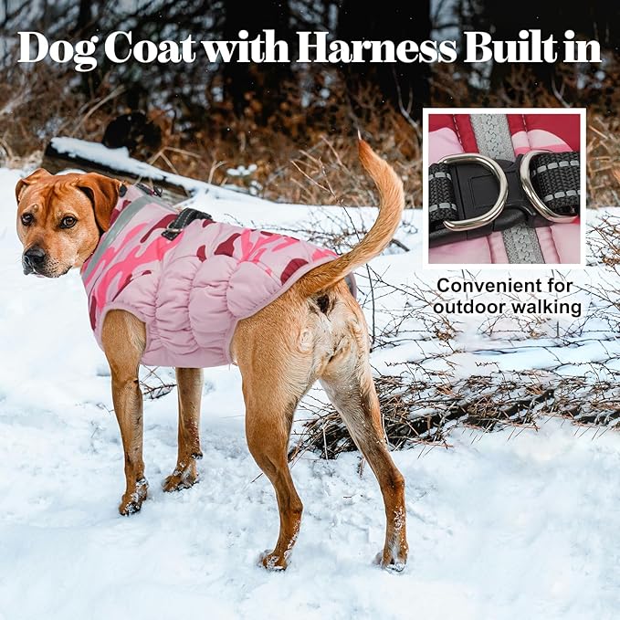 Lelepet Warm Dog Winter Coat Dog Coats for Large Dogs Waterproof Dogs Jacket with Harness Built in Reflective Cold Weather Coats Zip-Up Winter Fleece Vest Snowsuit Boston Terrier Pink Camo L
