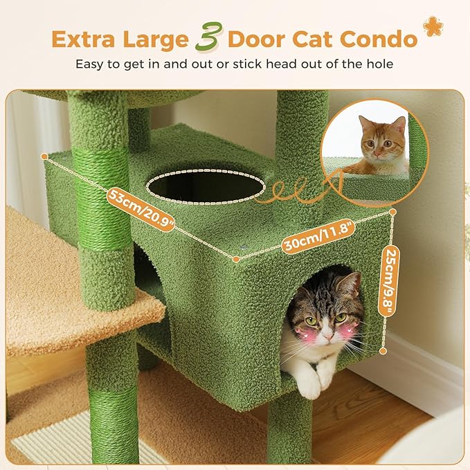 PAWZ Road Large 72 Inches Cat Tree and Tower for Indoor Cats - with Sisal-Covered Scratching Posts, Padded Perches, Condos, and Basket - Green