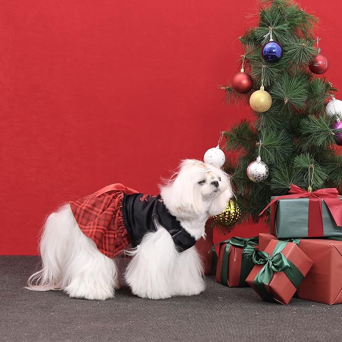 CuteBone Christmas Dog Dresses Velvet Holiday Small Dogs Clothes Onesie Pet Apparel Girl Puppy Skirt with Bow Hair Rope CVA59XS-D
